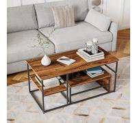 DAHUEN Juego de 2 mesas de café con espacio de almacenamiento, MDF con aspecto de mármol, mesa de sofá con estructura de metal, mesa de café de 2 niveles, mesa de café moderna para salón, balcón y