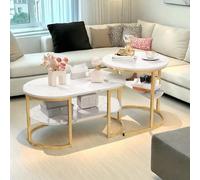 DAHUEN Juego de 2 mesas de centro redondas, mesa auxiliar con estructura de metal dorado y tablero de mármol blanco, para salón, dormitorio, oficina, balcón (círculo + elipse), 100 x 46 x 41 cm