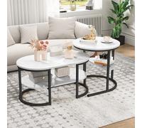 DAHUEN Juego de 2 mesas de centro redondas, mesa auxiliar con estructura de metal dorado y tablero de mármol blanco, para salón, dormitorio, oficina, balcón (negro (círculo + elipse), 100 × 46 × 41 cm