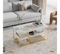 DAHUEN Juego de 2 mesas de centro redondas, mesa auxiliar con estructura de metal dorado y tablero de mármol blanco, para salón, dormitorio, oficina, balcón (oro), 105 x 52 x 48 cm