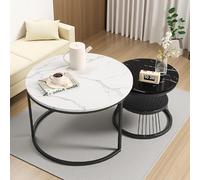 DAHUEN Juego de 2 mesas de centro redondas, mesa auxiliar con estructura de metal negro y tablero de mármol blanco, para salón, dormitorio, oficina, balcón (negro (b), 70 × 70 × 45,5 cm