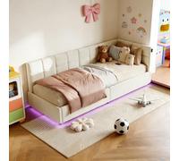 DAHUEN Sofá cama infantil 90 x 200 cm con espacio de almacenamiento, cama tapizada para niños con cabecero LED, cama juvenil con USB/tipo C, cama extensible con somier (crema-E, terciopelo)