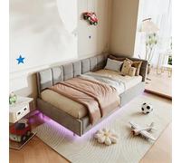 DAHUEN Sofá cama infantil 90 x 200 cm con espacio de almacenamiento, cama tapizada para niños con cabecero LED, cama juvenil con USB/tipo C, cama extensible con somier (gris-E, terciopelo)
