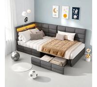DAHUEN Sofá Cama Infantil 90x200 LED USB 2 cajones, Cama Tapizada 90x200 cm con cabecero L, Structura de Sofá Cama Individual, Camas Juveniles, Lino, GrisA, Sin Colchón