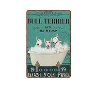 DAIERCY Cartel de metal con texto en inglés «Bull Terrier and Co Bath Soap Wash Your Paws» para perro, arte para pared, bar, cocina, jardín, baño, decoración del hogar, 8 x 12 pulgadas
