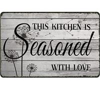 DAIERCY Decoración rústica de cocina, arte de pared, decoración de cocina de granja, letrero de metal vintage con texto en inglés "This Kitchen is Seasoned with Love", letrero de metal para decoración