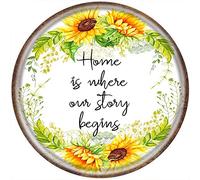 DAIERCY Home is Where Our Story Begins - Letrero de estaño divertido con diseño de girasol, corona para el hogar, cita de oficina, arte de pared, decoración del hogar, póster inspirador motivacional