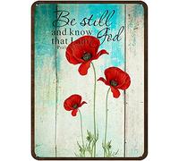 DAIERCY Letrero de estaño divertido con texto en inglés "Be Still and Know That I am God", diseño de amapola roja, arte de pared para el hogar, oficina, cafetería, bar, 14 x 20 cm