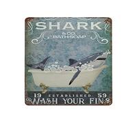 DAIERCY Letrero de estaño vintage Shark & Co Bath Soap Wash Your Fins Shark Metal Tin Sign Funny Shark Bath Room Decor Shark Lover Bathroom Tin Sign Funny Tin Sign 12 x 12 pulgadas