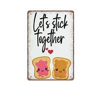 DAIERCY Letrero de lata con texto en inglés "Peanut Butter & Jelly Cutesy, Let's Stick Together", divertido letrero de metal vintage, póster de pared, arte de pared, bar, cocina, jardín, baño