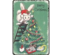 DAIERCY Letrero de metal para decoración de Navidad, diseño de conejo y árbol de Navidad, vintage, para pared, rústico, shabby chic, decoración del hogar, decoración de Navidad para dormitorio