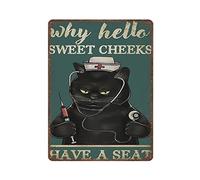 DAIERCY Letrero de metal retro para enfermera, con texto en inglés «Why Hello Sweet Cheeks» de enfermería de gato negro, póster novedoso, decoración del hogar, arte de pared, letreros divertidos para