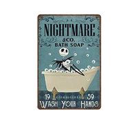 DAIERCY Letrero retro de metal grueso con diseño de Jack Skellington con texto en inglés "Nightmare Bath Soap Jack", póster novedoso, decoración del hogar, arte de pared, letreros divertidos para el