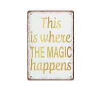 DAIERCY Letreros de metal vintage con texto en inglés "This is Where The Magic Happens" (Este es donde la magia sucede) inspirador, divertido y retro, para cocina, al aire libre, garaje, cueva
