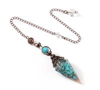 DAIJES Péndulo de cristal colorido, piedra semipreciosa, grava de resina, colgante de cono hexagonal, azul tropical (sintético) (bronce)