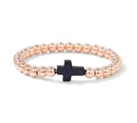 DAIJES Pulsera cruzada de 6 mm con cuentas de cálculos biliares negros y perla de imitación. Pulsera retro sencilla para hombre y mujer. Cálculo biliar negro dorado. Cruz de arena azul. 19 cm.