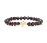 DAIJES Pulsera de cuentas de piedra de 6 mm con cruz dorada, cuerda elástica, para hombre y mujer, 6 mm, piedra de sangre de pollo, 19 cm