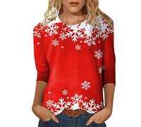 Daily Christmas Snowflakes Print O Neck Tops Manga tres cuartos Cuello Redondo Camiseta Impreso Loose Side Split Blusa Túnica Camisas de Senderismo para Mujer, rojo, XL
