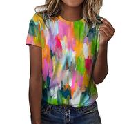 Daily Tie Dye Print O Neck Tops Manga Corta Cuello Redondo Camiseta 3D Impresión Loose Side Split Blusa Túnica Camisa con Estampado Colorido, Rosa., M
