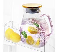 Daily Treasures Botella de agua rosa para nevera, jarra de vidrio de 1,8 litros con tapa, elegante jarra de vidrio con tapa para nevera, jarra de agua fría caliente con asa, jarra de agua fría y