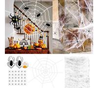 Daily Treasures Kit de decoración de Halloween, telaraña elástica de 300 g y red de araña de cuerda blanca grande de 1,5 m y 32 arañas realistas, decoración de telaraña para patio, hogar, fiesta