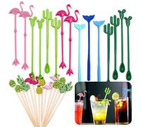 DailyTreasures Agitadores de Bebidas,15 Palillo de Cóctel Reutilizables Flamingo Cactus Whale + 14 Púas de Cóctel para Fiesta en la Playa Tropical
