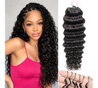 Daimer 18 Inch Deep Wave Miracle Knots Crochet Hair 50g/Pack Natural Black | 50 Strands Invisible String Feather Crochet Hair 1b Curly Knotless Crochet Braids Blends Seamlessly Lightweight and Reusable