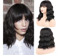 DaiMer Black Wavy Wigs with Bangs Women's Short Black Bob Wig Synthetic Natural Looking Shoulder Length Heat Resistant Fiber Hair for Daily Party Use (16 pulgadas) (#2)