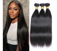 DaiMer Extensiones de cabello humano recto (24, 26, 28), 100 % sin procesar, cabello brasileño, liso, 3 paquetes, extensiones de cabello humano de color negro natural