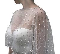 DAISHIAO Accesorios de boda Bolero, capa nupcial con perlas, capa de boda, parte delantera corta, espalda larga, capa para mujer, chal de noche