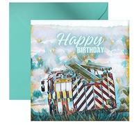 Daisy & Bee - Tarjeta de felicitación de cumpleaños con diseño de camión de bomberos - Impresionante diseño de camión de bomberos - Mensaje de feliz cumpleaños en el interior - 15 x 15 cm
