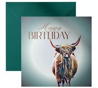 Daisy & Bee - Tarjeta de felicitación de cumpleaños con diseño de vaca de las tierras altas, hermoso diseño artístico de vida silvestre, mensaje de feliz cumpleaños en el interior, 15 cm x 15 cm