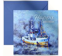 Daisy & Bee - Tarjeta de felicitación de cumpleaños de pesca, impresionante diseño abstracto de barco de pesca, mensaje de feliz cumpleaños en el interior, 15 cm x 15 cm