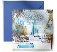 Daisy & Bee - Tarjeta de felicitación de cumpleaños en barco - Impresionante diseño abstracto de navegación - Mensaje de feliz cumpleaños en el interior - 15 cm x 15 cm