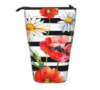Daisy Poppy - Estuche para lápices de pie, diseño de flores a rayas, bolsa telescópica, bolsa de cosméticos, organizador de papelería para escuela, oficina, viajes