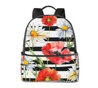 Daisy Poppy - Mochila para mujeres y hombres, diseño de flores a rayas, mochila escolar para adolescentes, mochila casual para la universidad, viajes y trabajo