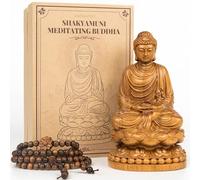 DAISYCRAFTVN Estatua de Buda de madera con caja de regalo y 108 cuentas Mala, Buda Shakyamuni tallado a mano de 15 cm para meditación, altar, decoración zen, juego de regalo espiritual budista para