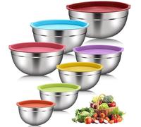 DaiWeier - Juego de 7 cuencos de acero inoxidable con coloridas tapas, cuencos mezcladores, ensaladeras, apilables para almacenamiento mínimo, cocina esencial