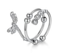 Daixiya Anillo de ansiedad de gato/libélula para mujer, de plata de ley 925, ajustable, con cuentas, anillos giratorios, regalos de joyería para mujer, 7, Plata de ley, Sin piedra preciosa