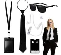 DAJASD Agente Disfraz Accesorios, 6 PCS Kit De Disfraz De Agente Secreto, Con Corbata,Gafas De Sol,Tarjetero,Tubo De Auriculares,Tarjeta De Identificación Para Carnavale, Juego De Rol Y Fiesta