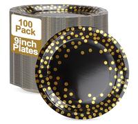 DAJAVE 100 platos de papel redondos de 9 pulgadas, platos de fiesta negros y dorados para bodas, compromisos, cumpleaños, aniversarios, decoraciones de graduación