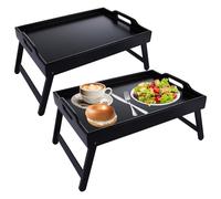 DAJAVE 2 bandejas de cama de bambú con patas plegables, bandejas de desayuno negras con asa, bandejas multiusos para sofá, comedor, trabajo, se utiliza como bandeja de escritorio para aperitivos