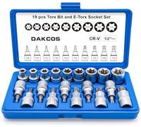 DAKCOS Juego de 19 piezas de llaves de vaso Torx y hexagonales externas, 1/2 pulgadas, CR-V, E10-E24 y T20-T70, con maletín de almacenamiento