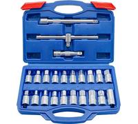 DAKCOS Juego de Llaves de drenaje para tapón de drenaje de aceite, 23 unidades, con extensión de enchufe de 3/8 pulgadas, mango deslizante, acero al cromo vanadio cromado mate