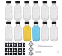 DAKFOOK Paquete de 12 Mini Botellas de Vidrio de 60 ml, Botellas de chupito Transparentes de 2 oz con Tapas, embudos, Pegatinas y Cepillo, pequeñas Botellas de Vidrio vacías para Agua, Jugo, Jengibre
