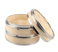 DAKFOOK Vaporera de bambú de 2 niveles de 20 cm, cesta de acero con tapa para dim sum, verduras, albóndigas, pasteles de arroz, pescado, mariscos