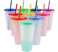 DAKFOOK Vasos de Plástico Reutilizables de 24 Onzas/710 ml con Tapas y Popotes - Set de 10 Que Cambian de Color para Fiestas y Viajes