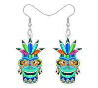 DALANE Acrílico Cute HawaiianTribal Tiki Máscara Pendientes Colgante para Mujeres Niñas Polinesio Bohemio Trópico Fiesta de Verano Joyería Boho Regalos para Playa Vacaciones Luau Fiesta (Azul)