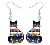 DALANE Cute Acrílico Amantes Del Libro Regalos Estantería Negro Gato Pendientes Colgante Estrellado Noche Biblioteca Maestro Joyería Regalos Libres para Mujeres Niñas Mamá Amantes Del Gato (Gris)
