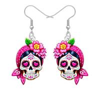 DALANE Halloween Regalos Cráneo de Azúcar Pendientes Colgante para Mujeres Niñas, Acrílico Floral Spooky Día de los Ojos Malvados Muertos, Disfraces de Halloween Gótico Joyería (Rosa)